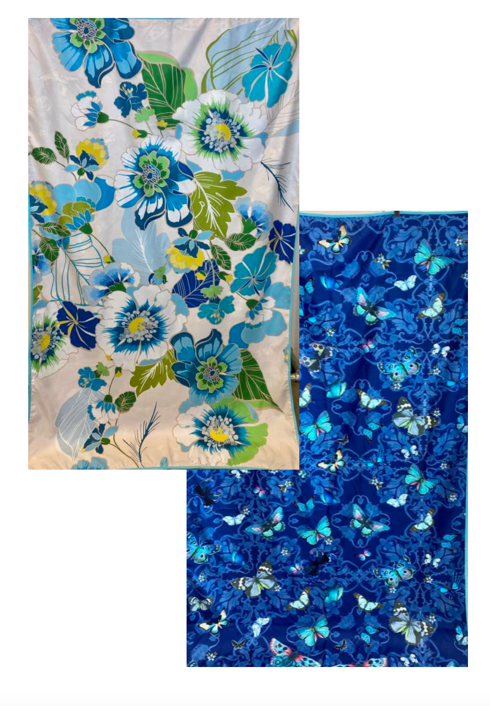 Johnny Was Jenn beach towel with blue and green and yellow florals and blue butterfly pattern