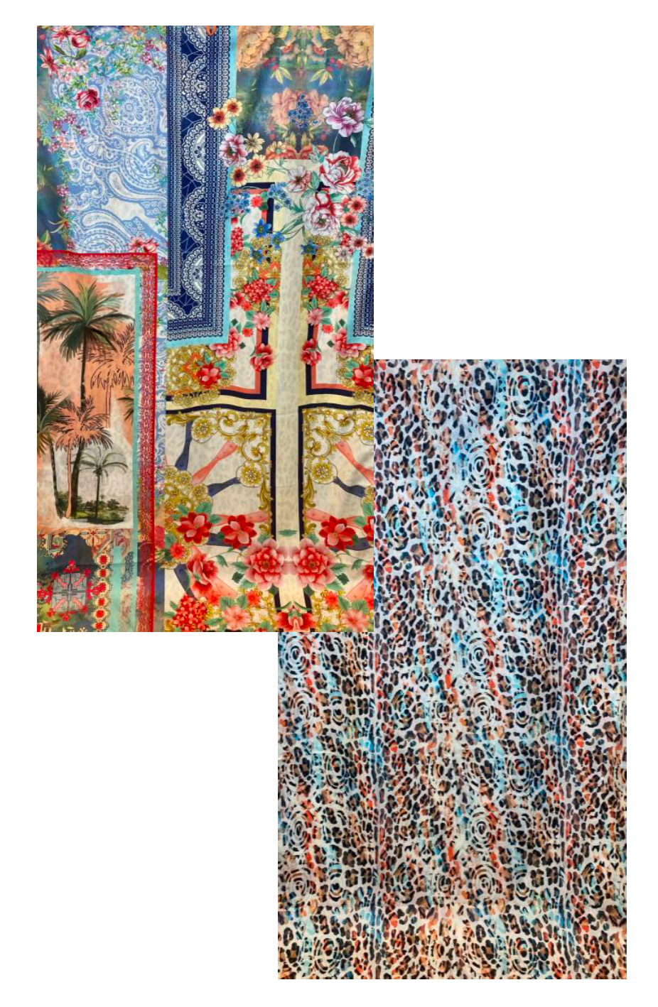 Johnny Was tropical block beach towel with palm trees, florals, paisley, bold leopard, vintage flowers in a patchwork design