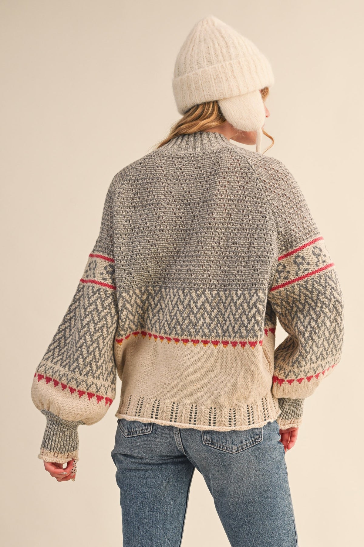 Long Puff Sleeve Nordic Sweater With Pointelle Hem