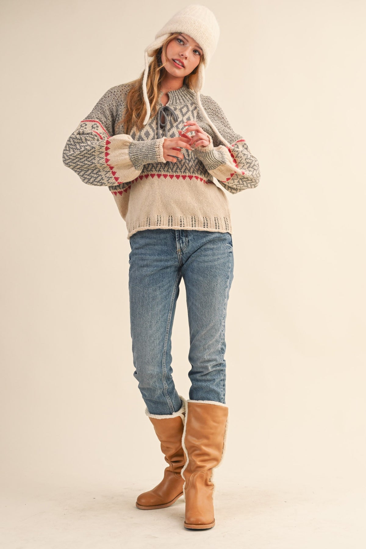 Long Puff Sleeve Nordic Sweater With Pointelle Hem