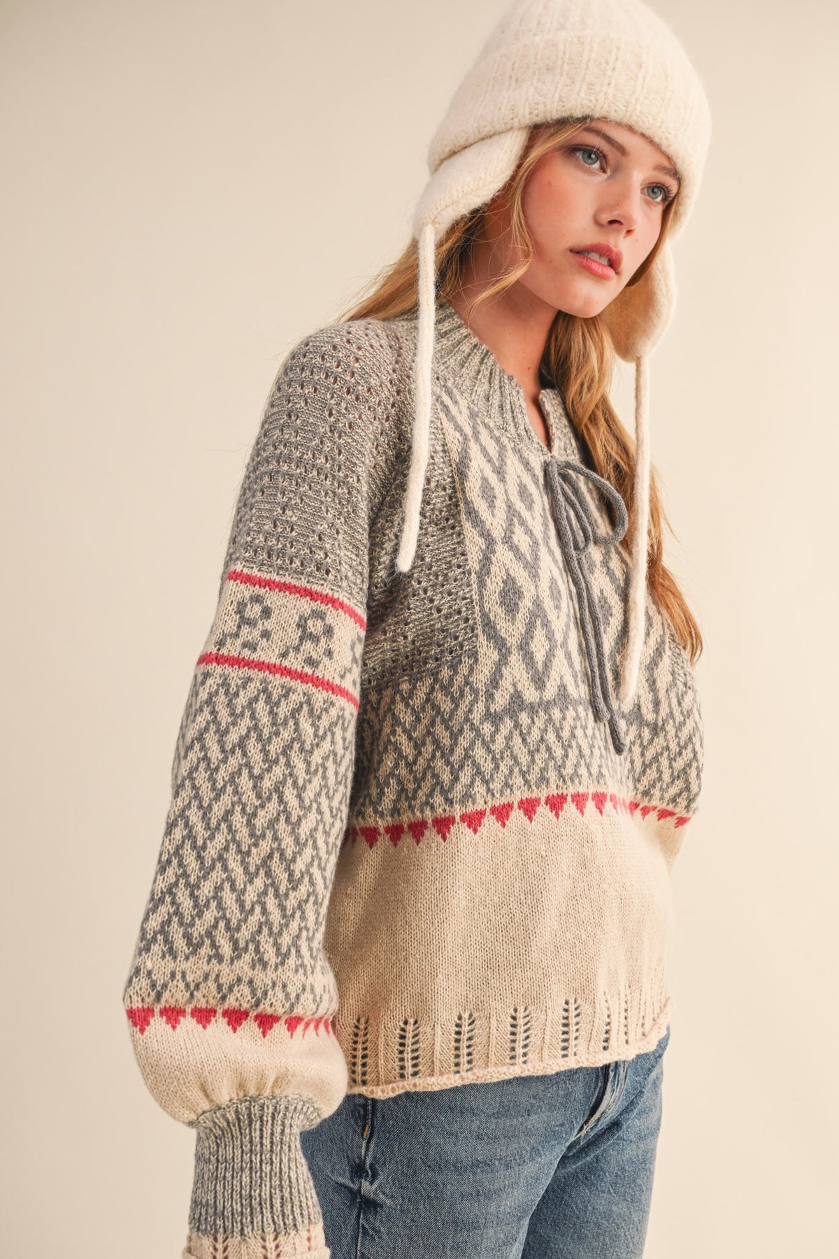 Long Puff Sleeve Nordic Sweater With Pointelle Hem