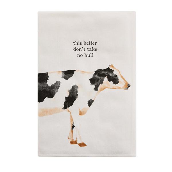 Canvas print with a cow illustration and text 'this heifer don't take no bull' on a white background