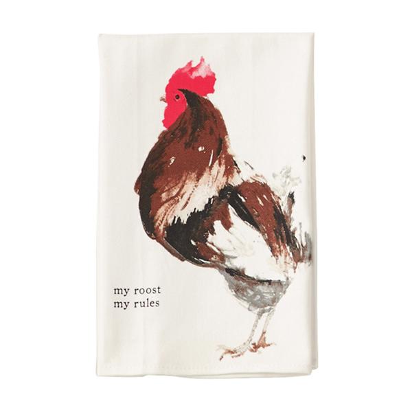 Tea towel with a rooster design and text on a white background