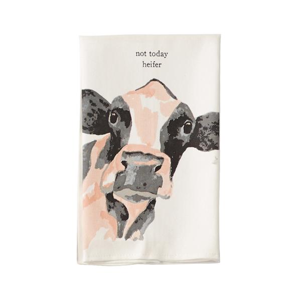 Tea towel with cow illustration and 'not today heifer' text on a white background