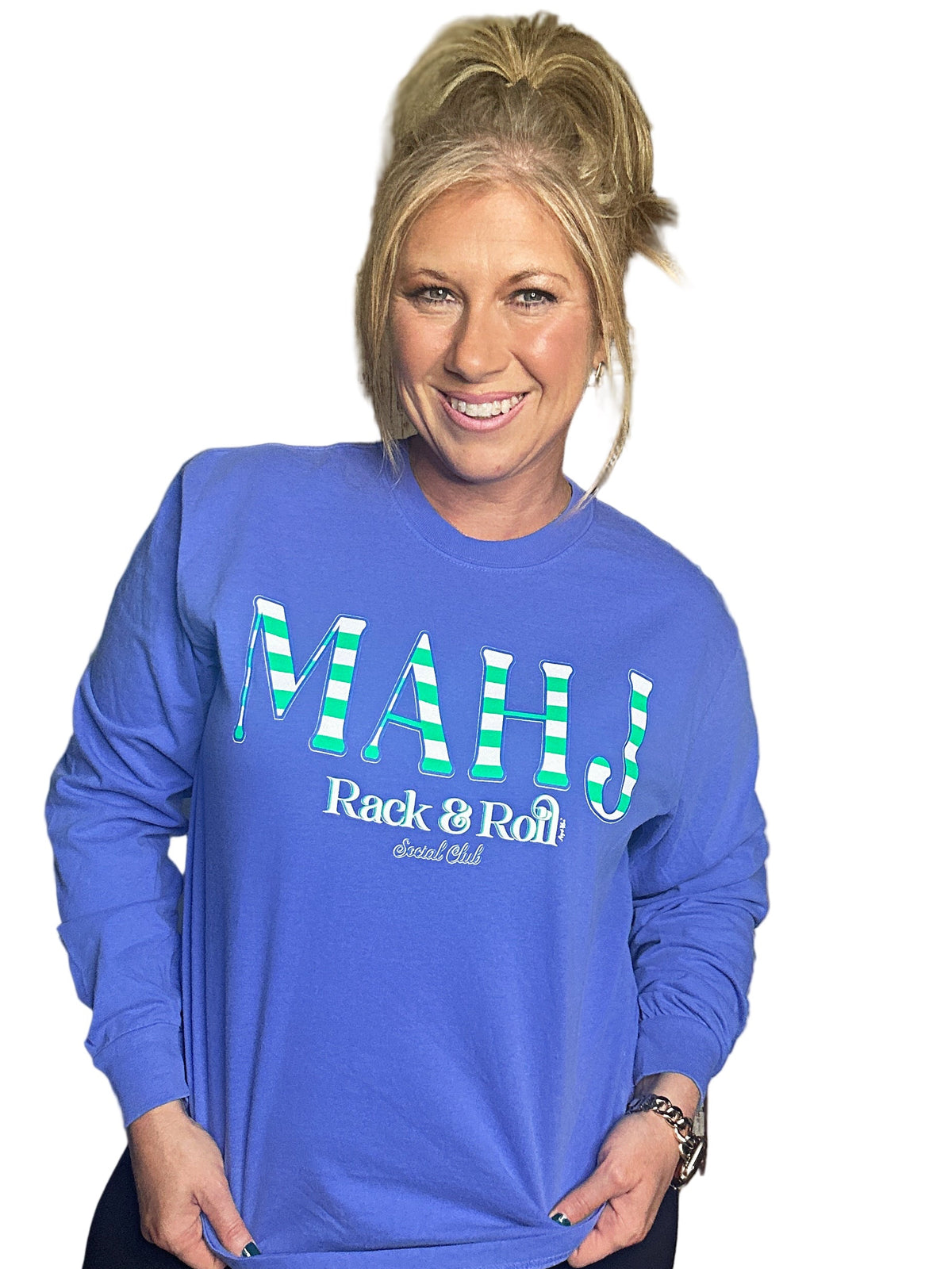 MAHJONG  RACK & ROLL FLO BLUE COMFORT COLOR  LONG SLEEVE TEE