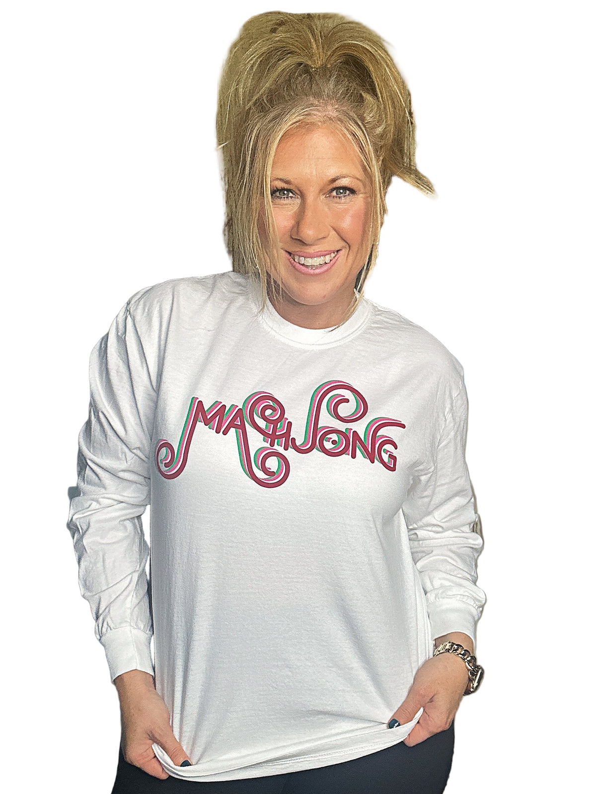 MAHJONG  WHITE COMFORT COLOR LONG SLEEVE PINK, RED AND GREEN CURLU CUE.