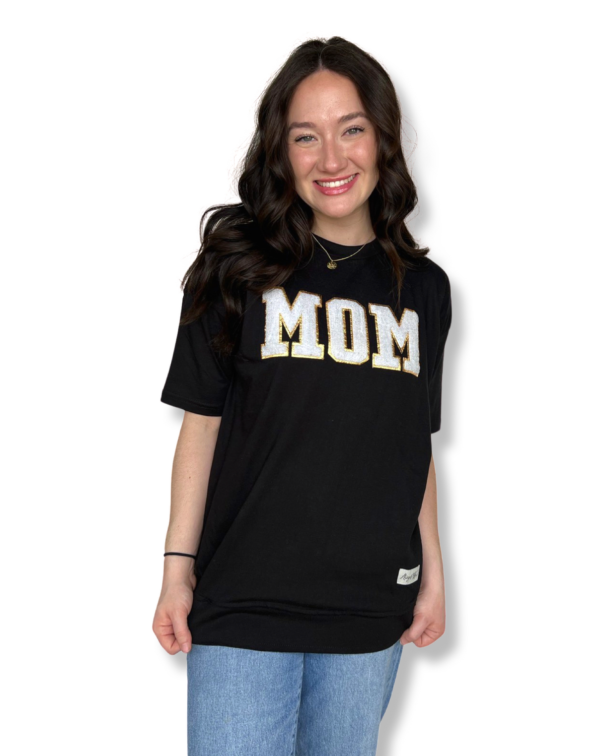 Mom Preppy Chenille Patch Black High Low Short Sleeve
