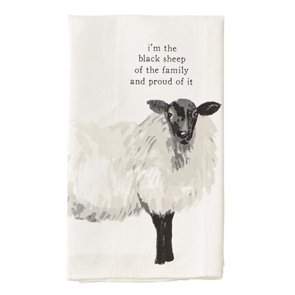 Tea towel with a black sheep illustration and text on a white background