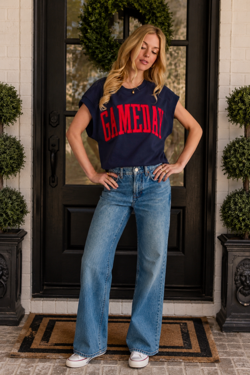 Navy & Red Game Day Short Sleeve Sweatshirt With Embroidered Letters