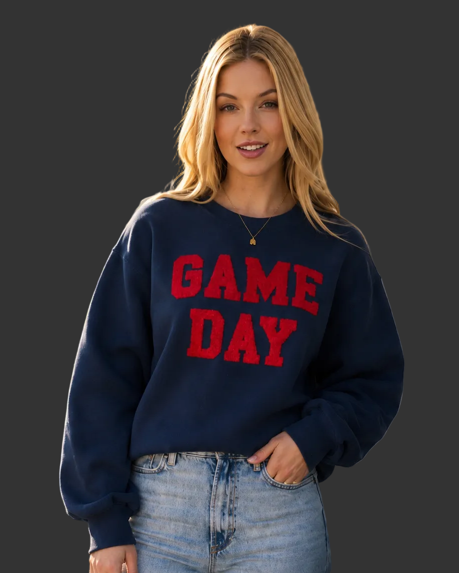 Navy And Red Game Day Sweatshirt With Chenille Letters.