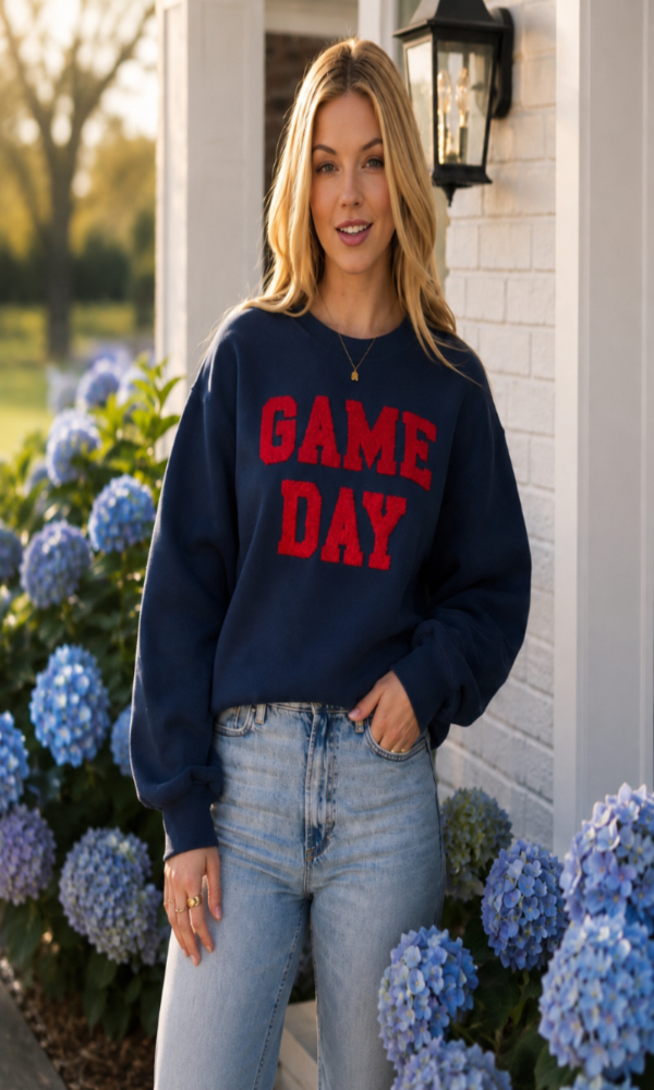 Navy And Red Game Day Sweatshirt With Chenille Letters