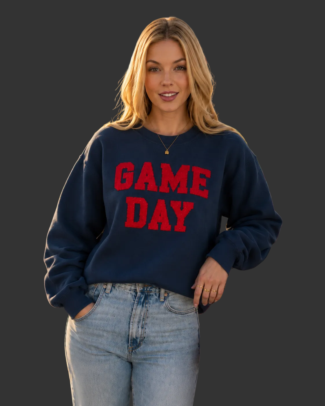 Navy And Red Game Day Sweatshirt With Chenille Letters.