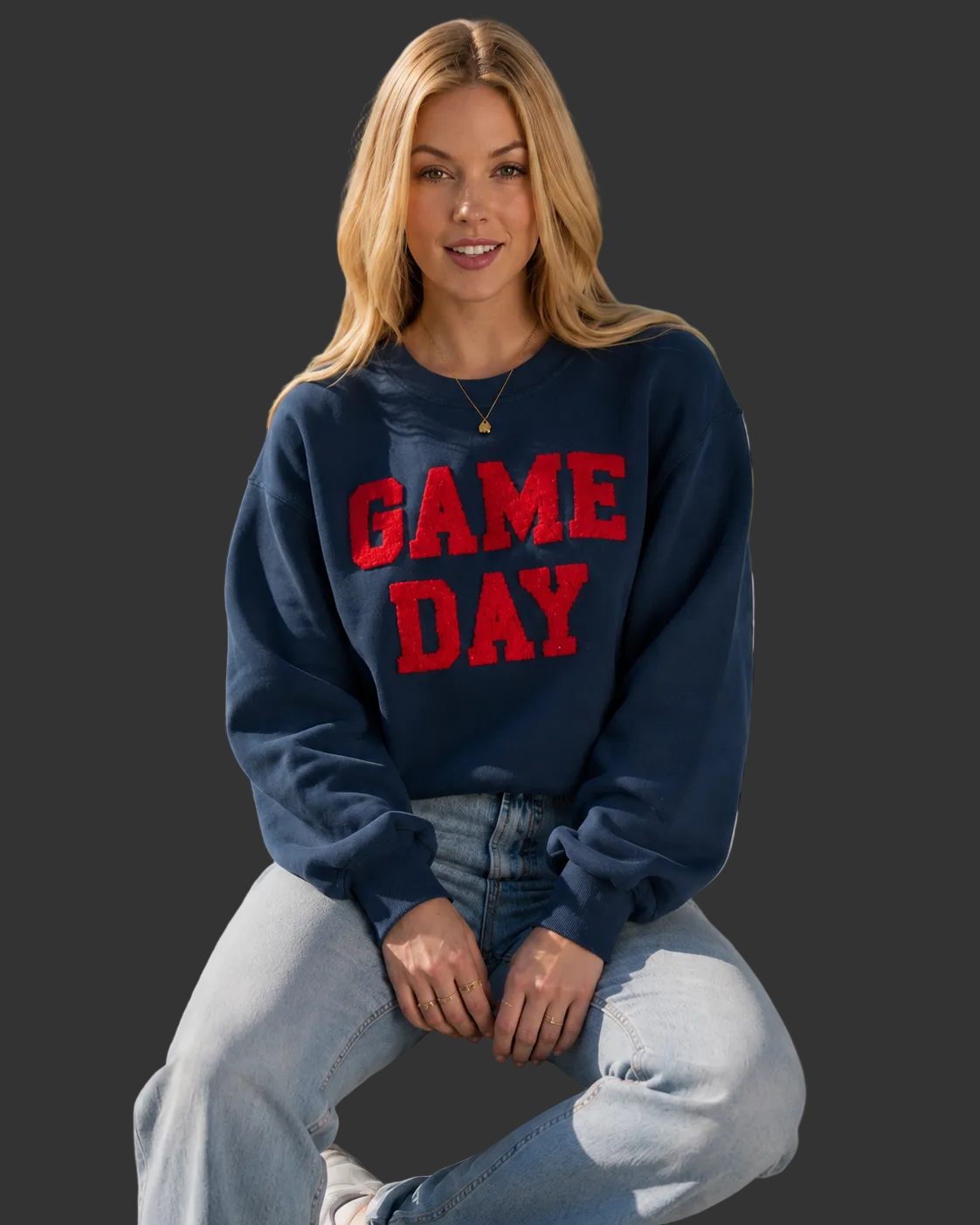 Navy And Red Game Day Sweatshirt With Chenille Letters.