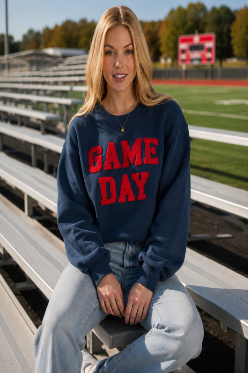 Navy And Red Game Day Sweatshirt With Chenille Letters
