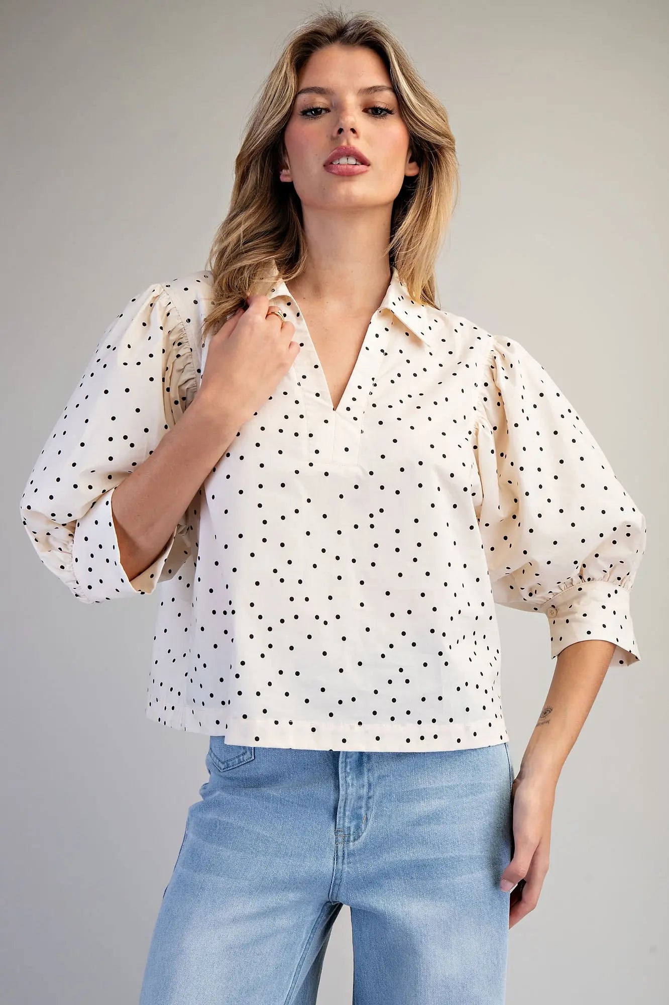 Oatmeal Polka Dot Puff Sleeve Blouse