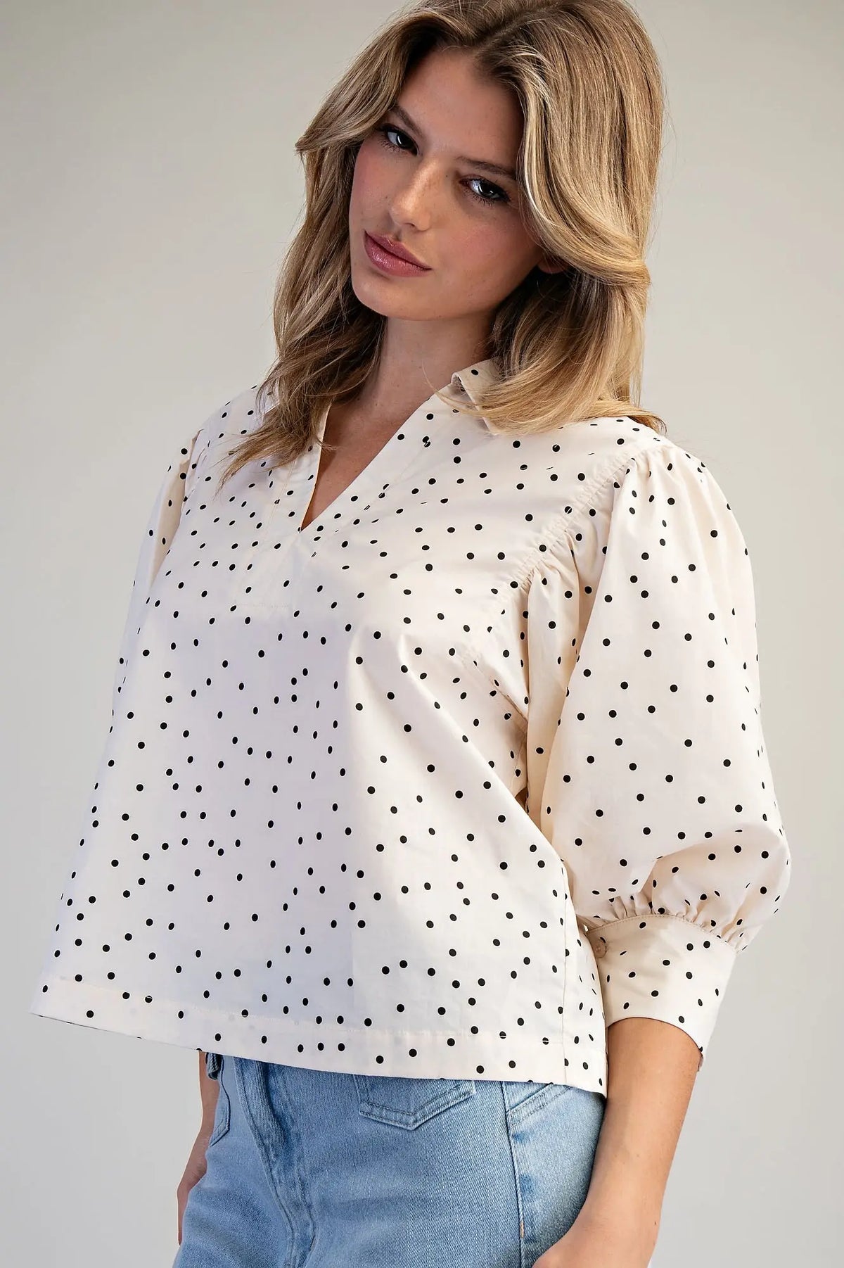 Oatmeal Polka Dot Puff Sleeve Blouse