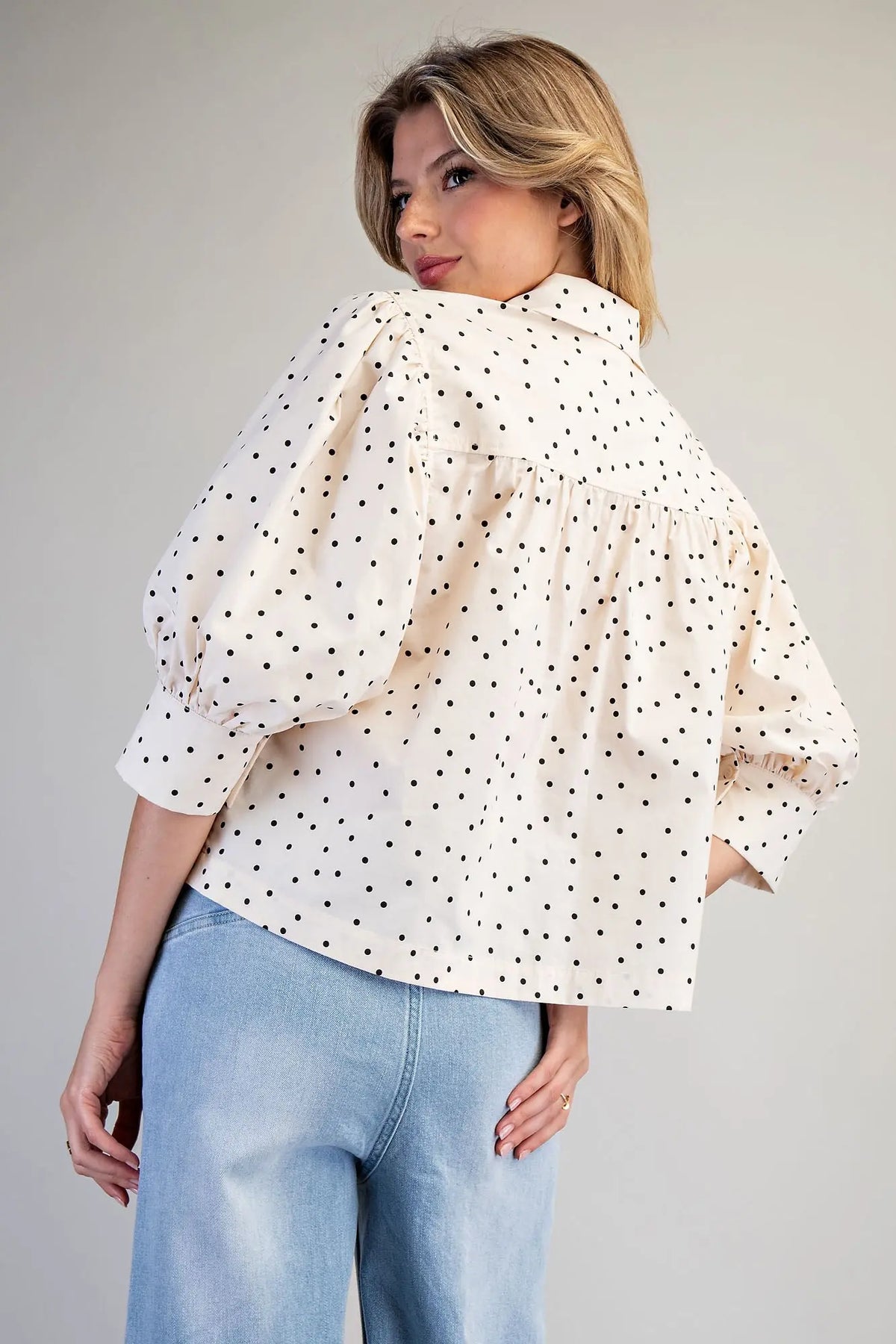 Oatmeal Polka Dot Puff Sleeve Blouse