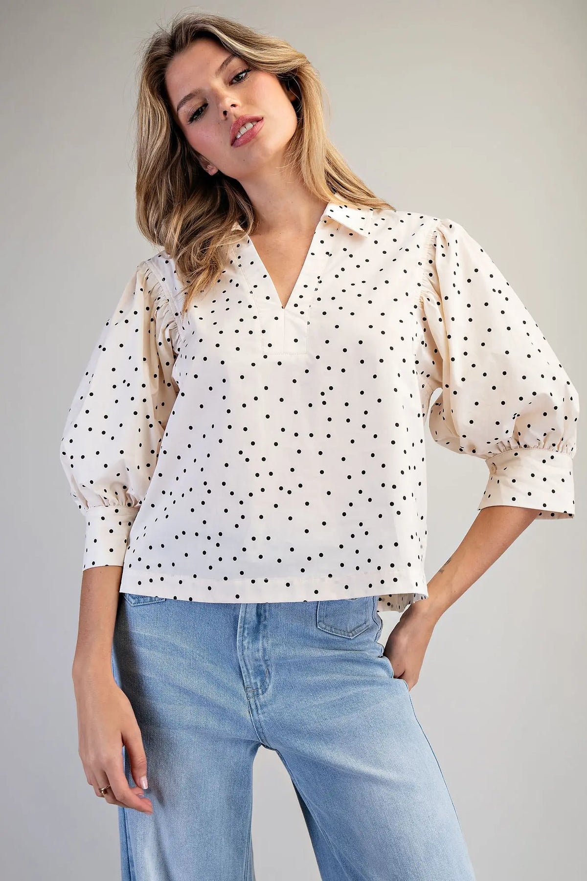 Oatmeal Polka Dot Puff Sleeve Blouse