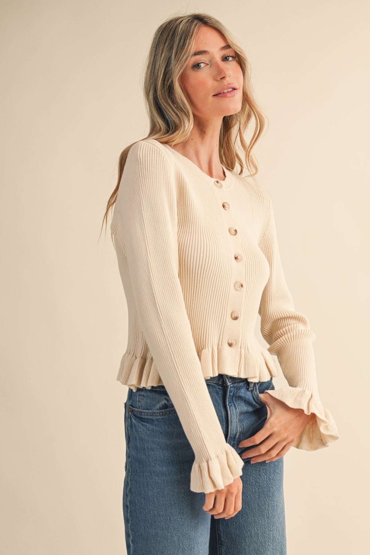 Ruffle Hem Ribbed Knit Sweater Cardigan