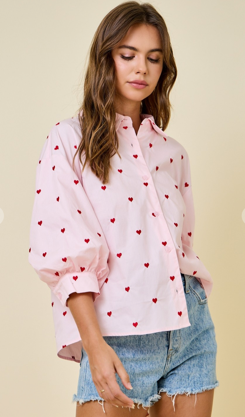 Valentines Heart Embroidered Button Down Shirt