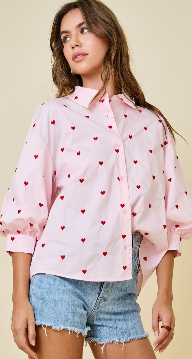 Valentines Heart Embroidered Button Down Shirt