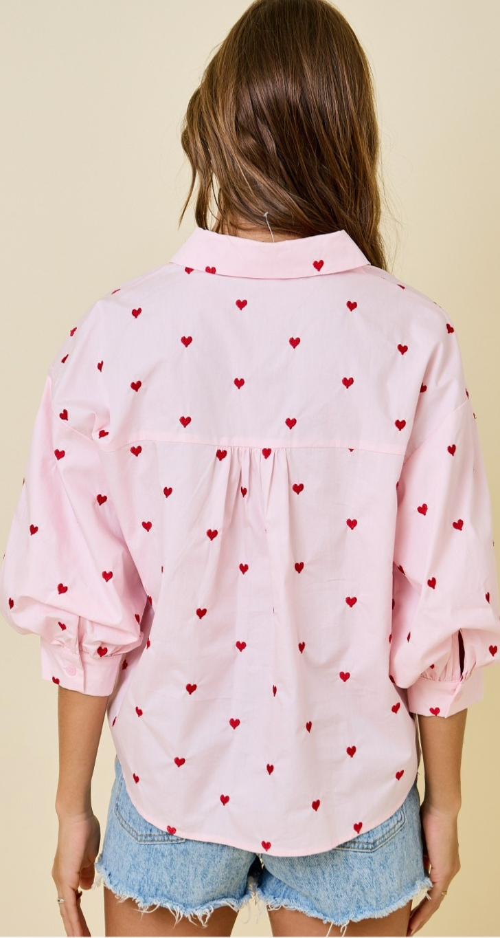 Valentines Heart Embroidered Button Down Shirt