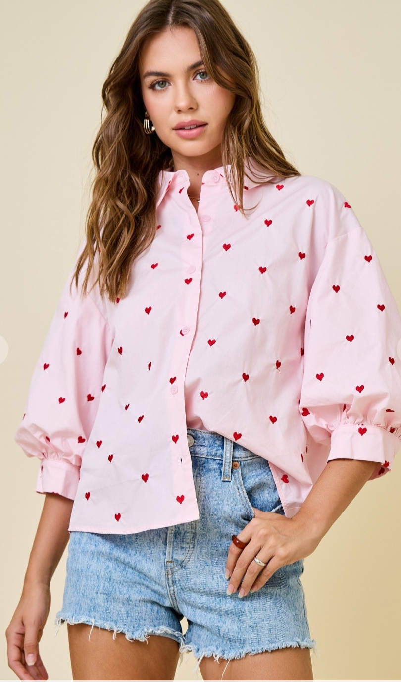 Valentines Heart Embroidered Button Down Shirt