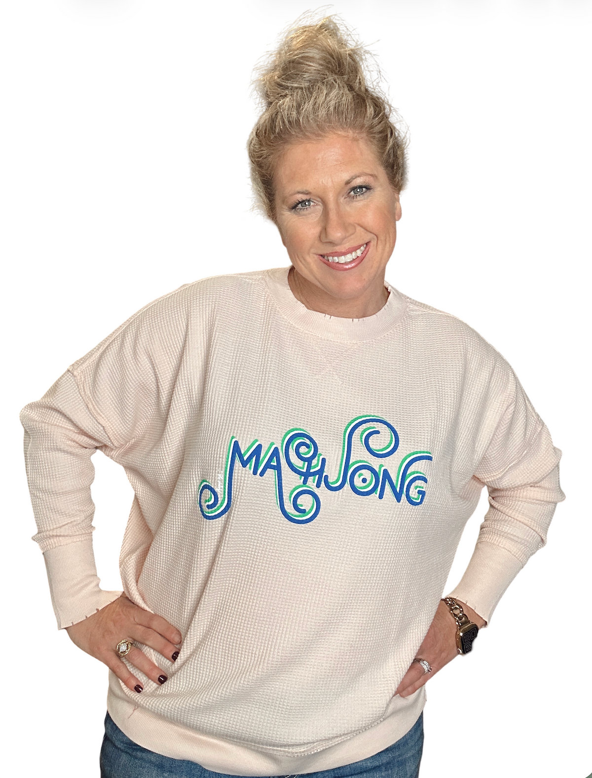 Light Pink Mahjong Curly Cue (blue and green screen print) Waffle