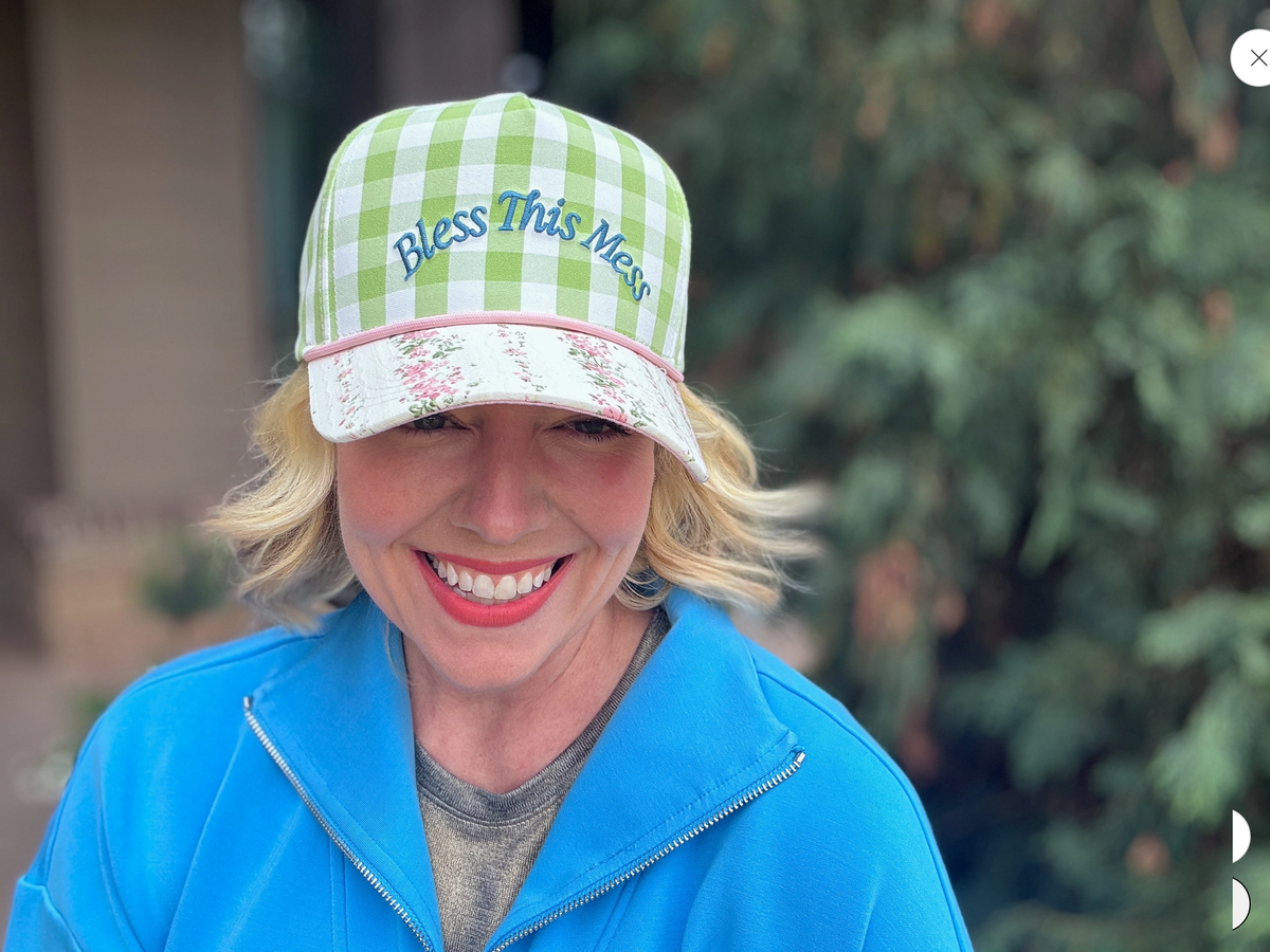 Embroidered Baseball Cap - "Bless This Mess" - Green Gingham