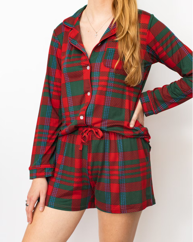 Telluride Plaid Long Sleeve Button Up Sleep Shirt & Short Set