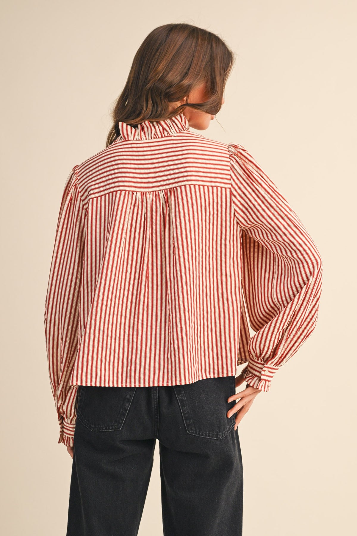 Striped Ruffled Button Down Long Sleeve Top