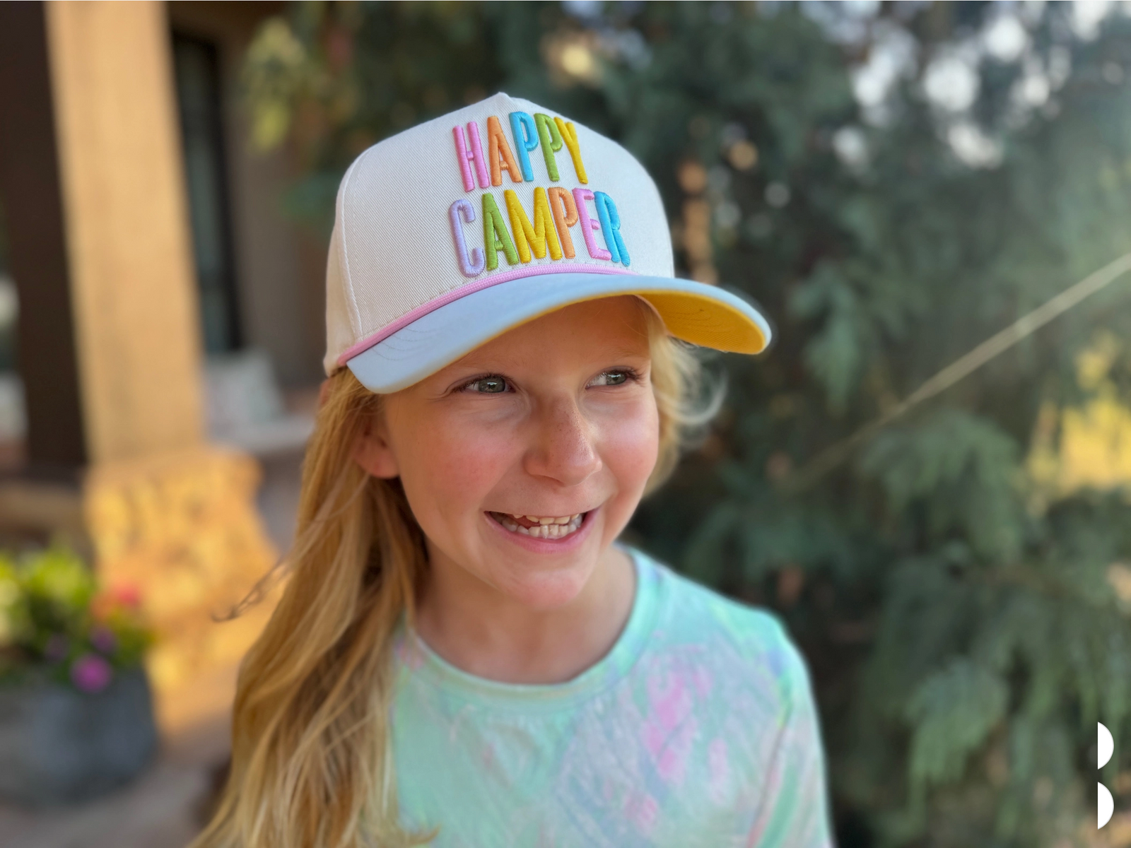 Tween Embroidered Baseball Cap - "Happy Camper" - Cream