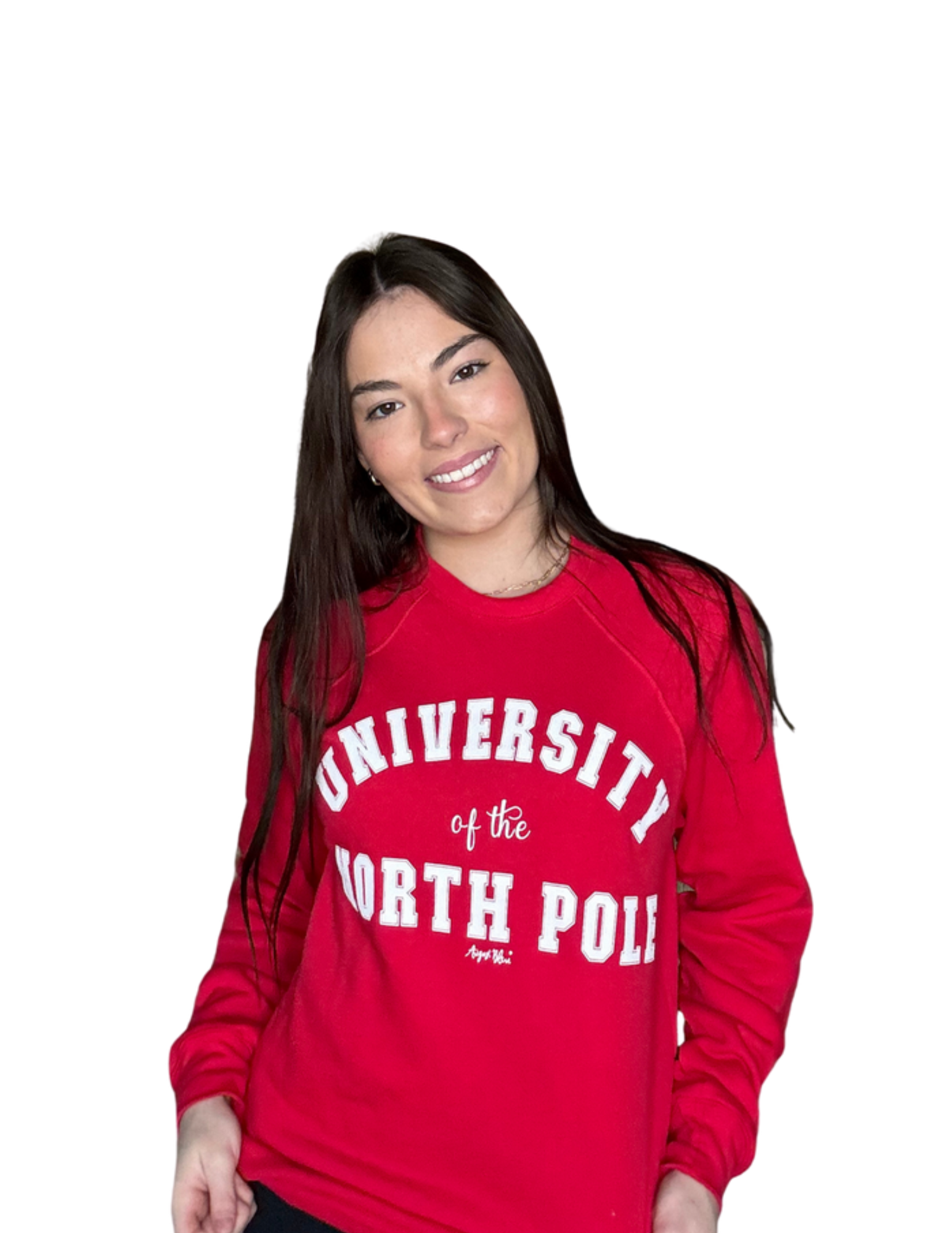 Person wearing a red sweatshirt with 'University of the North Pole' text on a white background