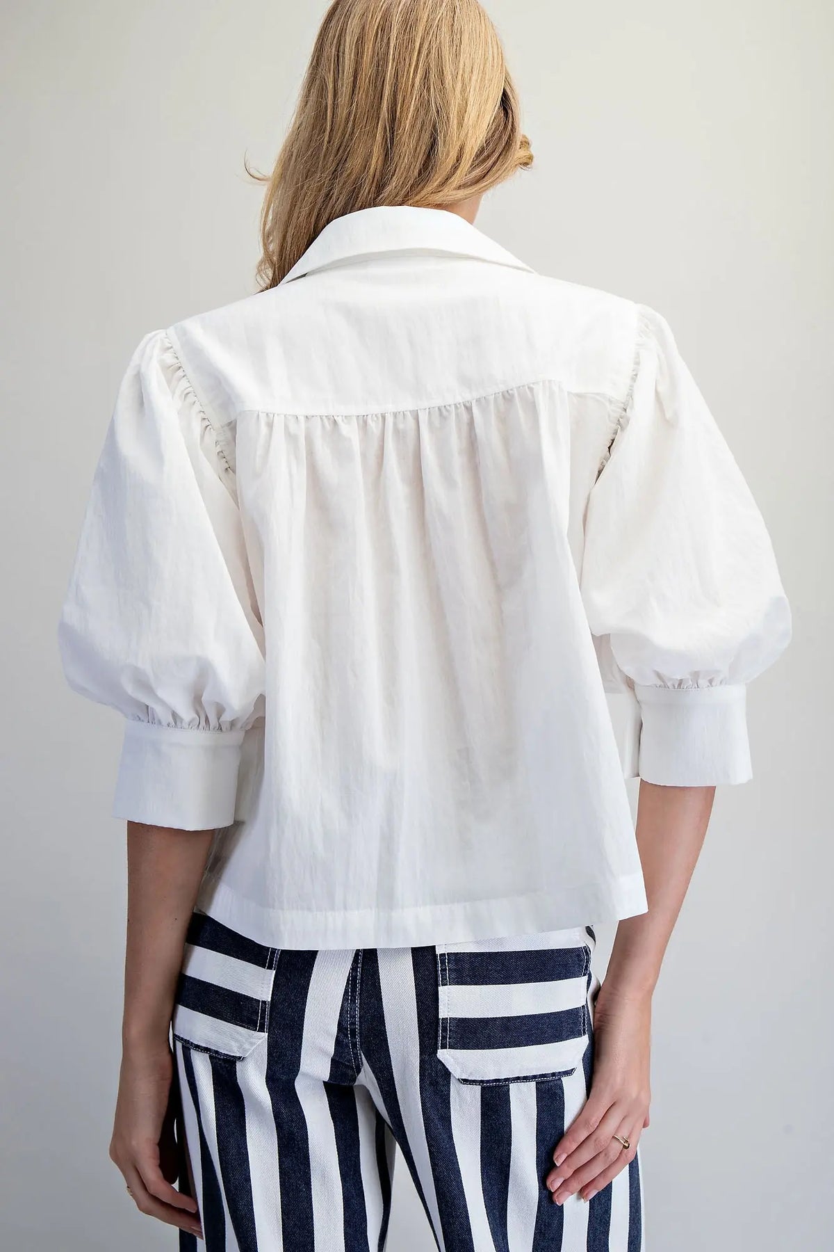 White Solid Puff Sleeve Button Down Shirt