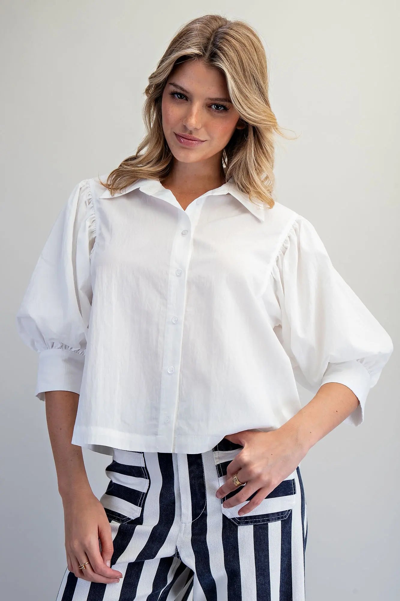 White Solid Puff Sleeve Button Down Shirt