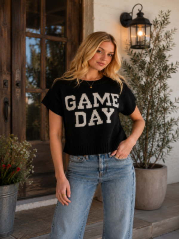 Black & White Game Day Short Sleeve Sweater