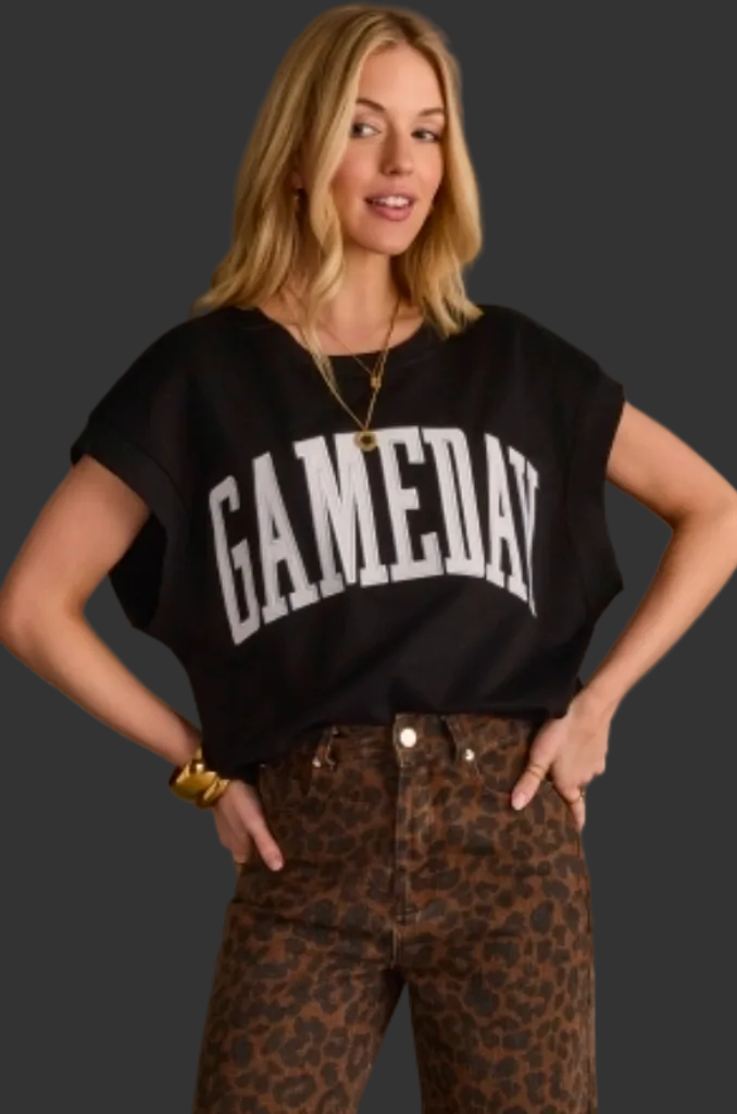 Black & White Game Day Short Sleeve Sweatshirt With Embroidered Letters