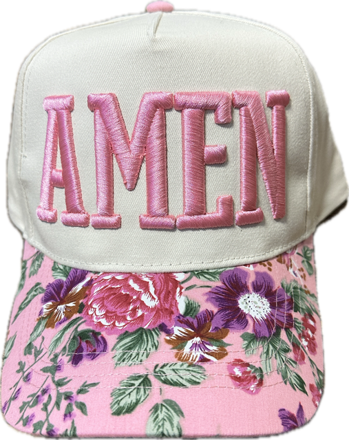 Amen Puff Embroidered Hat Pink Floral