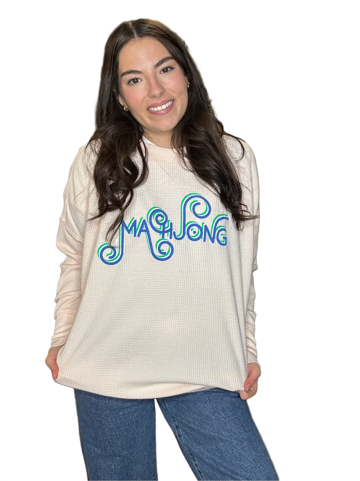 Light Pink Mahjong Curly Cue (blue and green screen print) Waffle