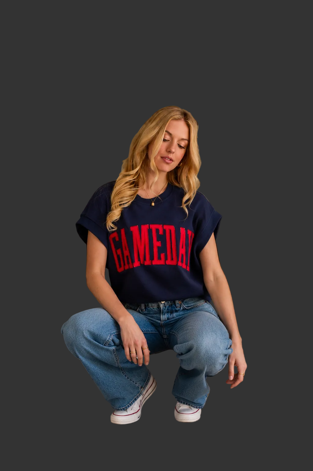 Navy & Red Game Day Short Sleeve Sweatshirt With Embroidered Letters