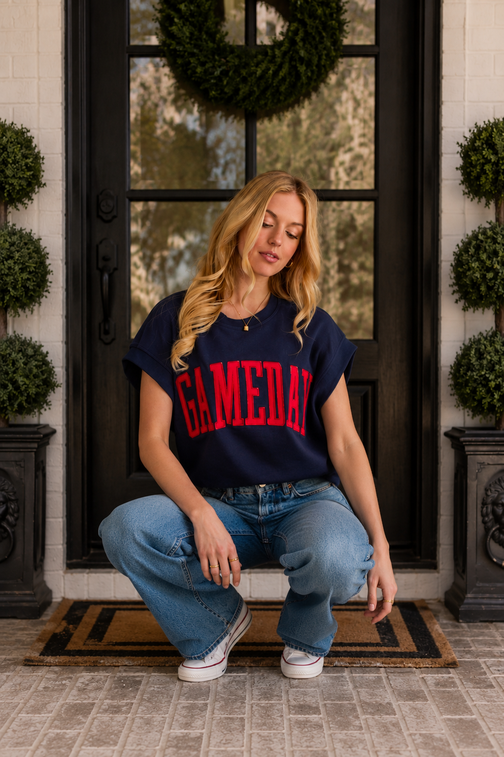 Navy & Red Game Day Short Sleeve Sweatshirt With Embroidered Letters