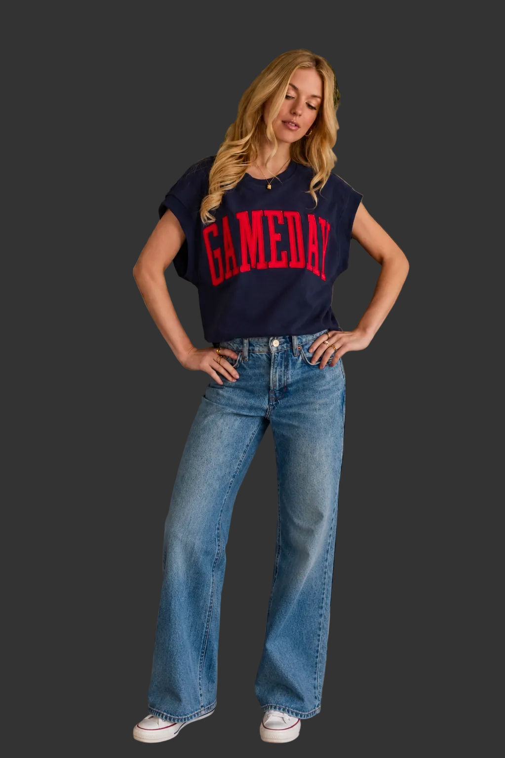Navy & Red Game Day Short Sleeve Sweatshirt With Embroidered Letters