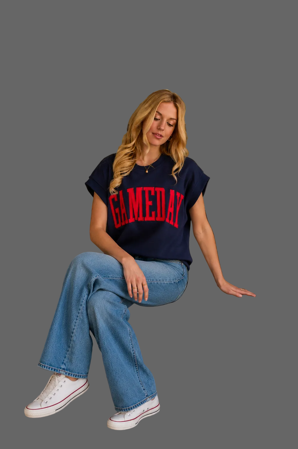 Navy & Red Game Day Short Sleeve Sweatshirt With Embroidered Letters