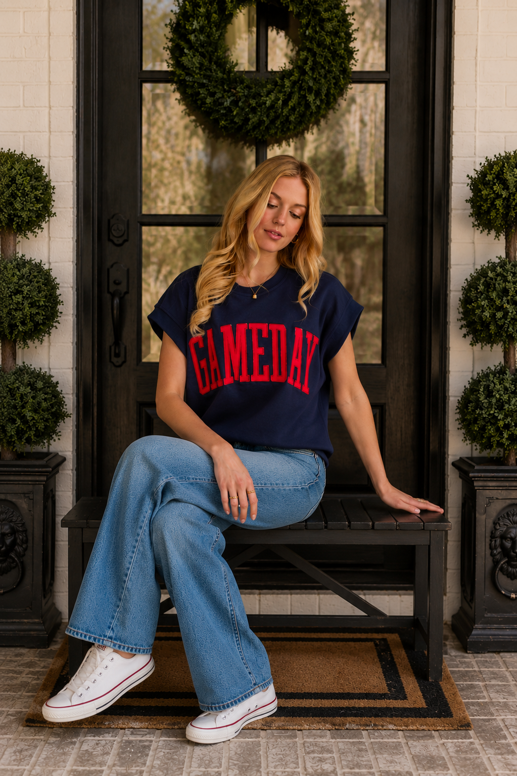 Navy & Red Game Day Short Sleeve Sweatshirt With Embroidered Letters