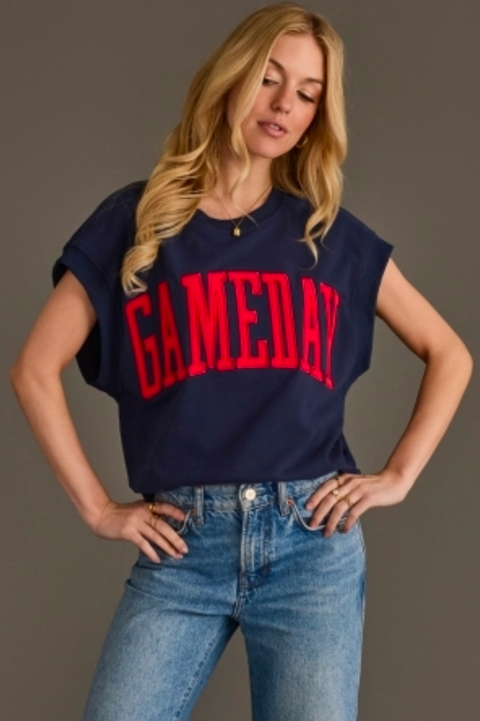 Navy & Red Game Day Short Sleeve Sweatshirt With Embroidered Letters
