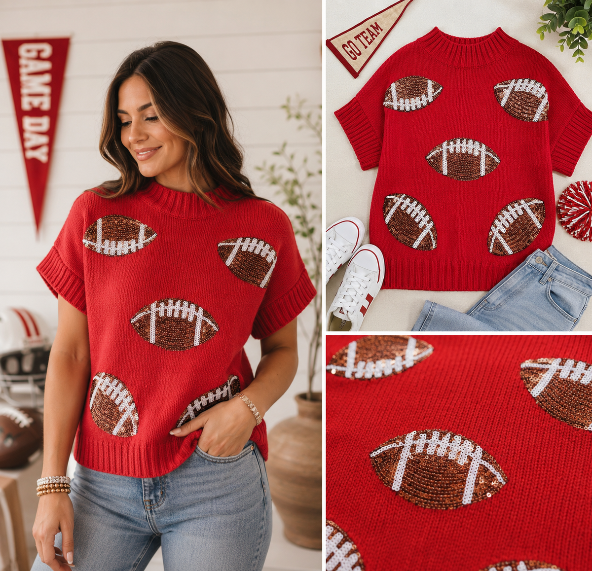 Gameday Sequin Football Patches Rib Banded Red Sweater