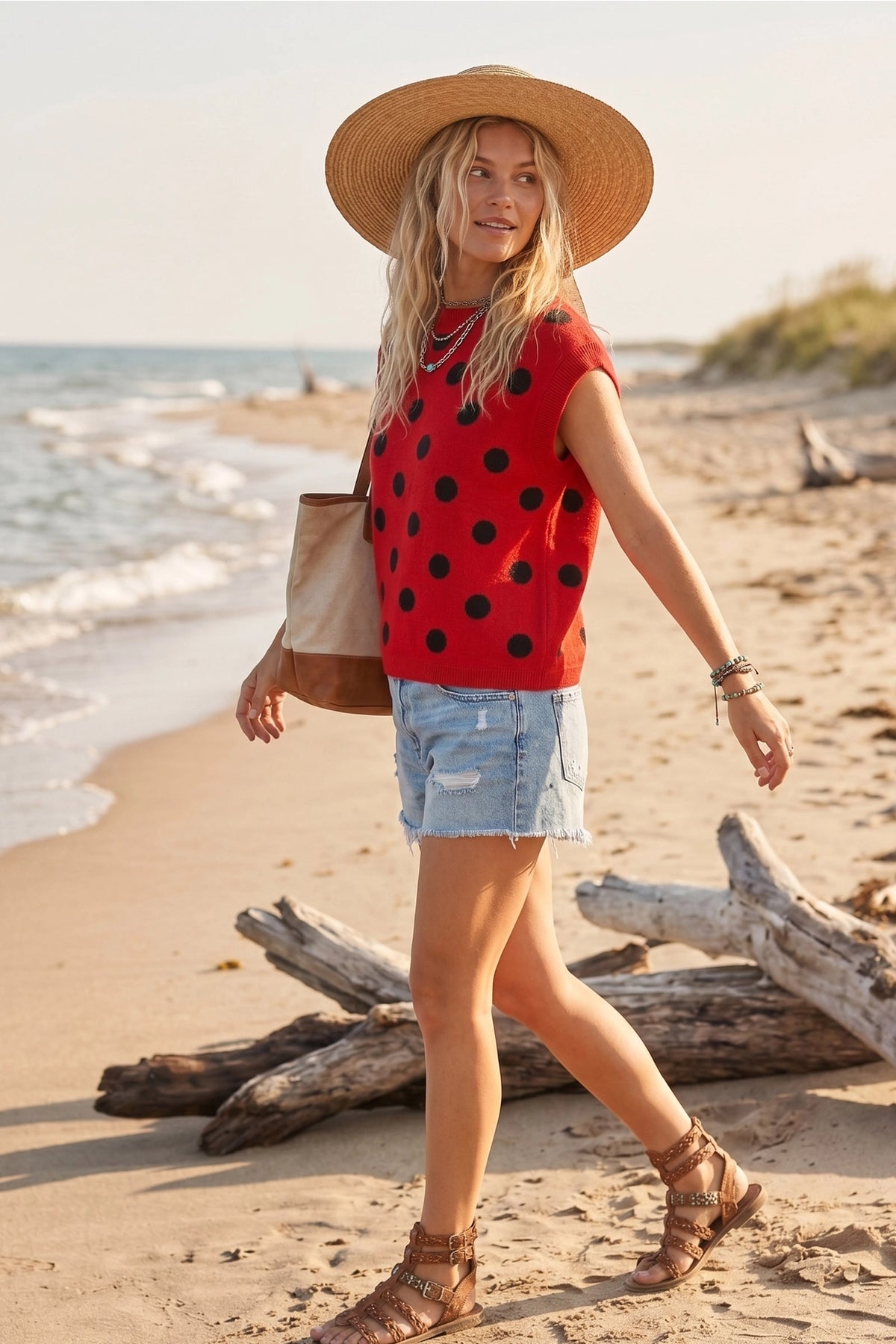 Gameday Polka Dot Sleeveless Knit Top Red with Black Polka Dots