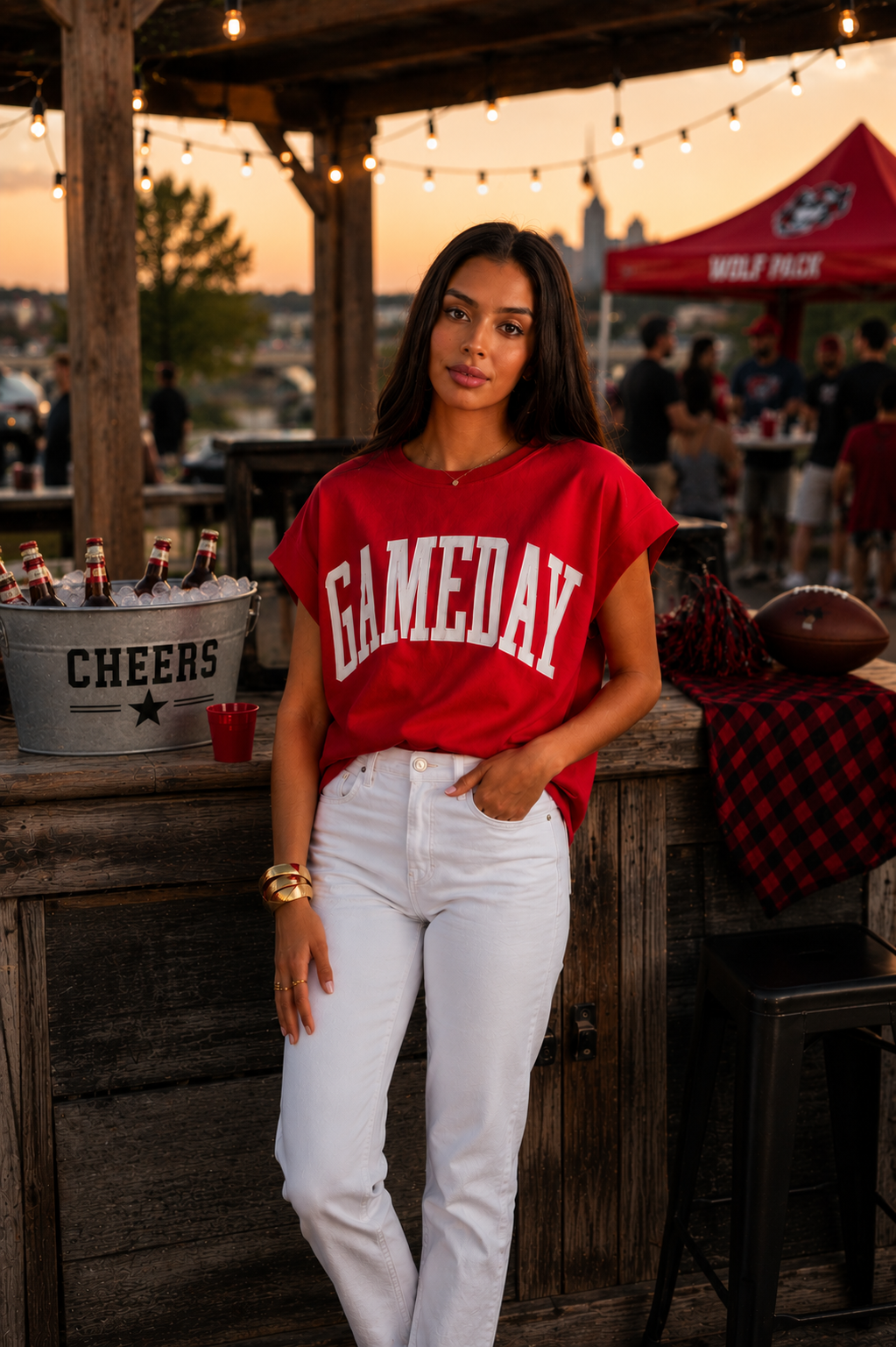 Red & White Game Day Short Sleeve Sweater With Embroidered Letters