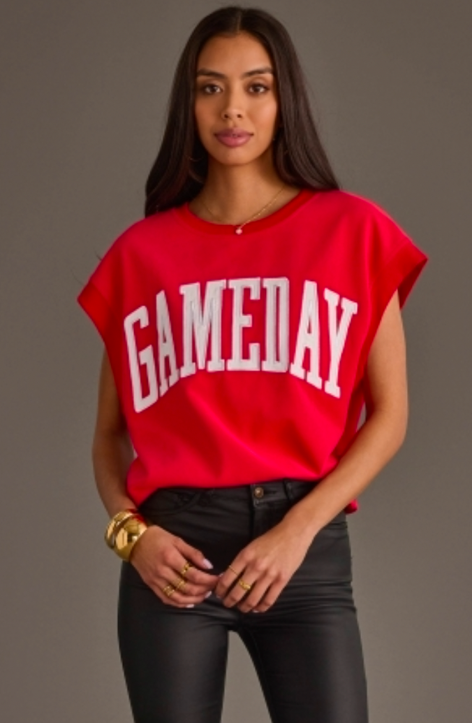 Red & White Game Day Short Sleeve Sweater With Embroidered Letters