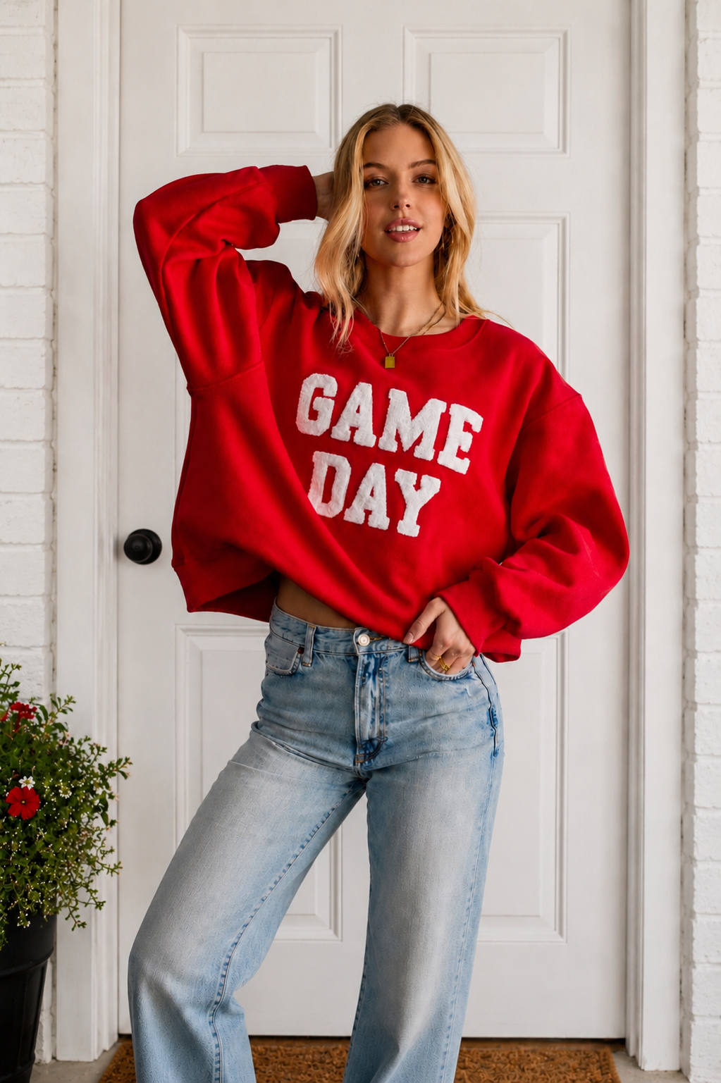 Red Game Day Sweatshirt With Chenille Letters